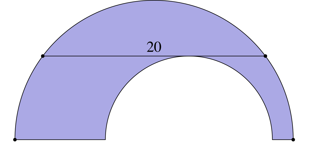 Un semicercle petit desplaçat cap a la dreta dins d'un semicercle gran, amb els diàmetres sobre la mateixa recta. Un segment de 20 cm uneix dos punts de l'arc gran i és tangent a l'arc petit. La zona entre els arcs està pintada.